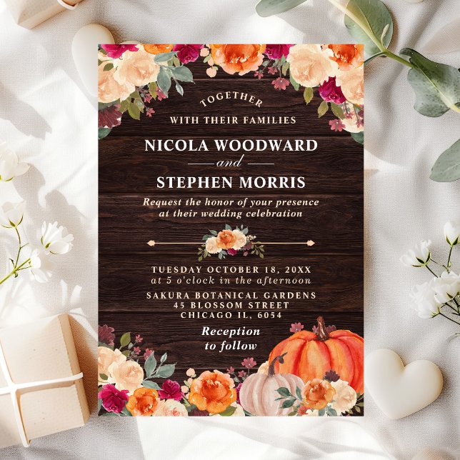 Rustic Fall Orange Pumpkin Floral Wedding Invitation (Creator Uploaded)