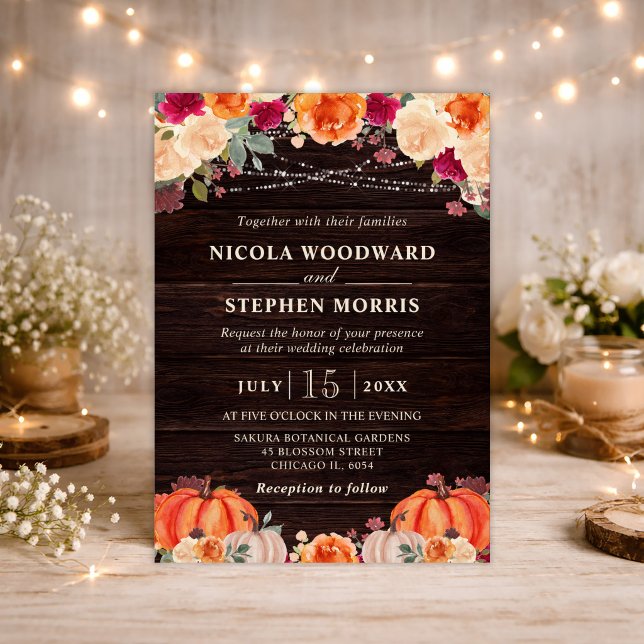 Rustic Fall Orange Pumpkin Floral Wedding Invitation (Creator Uploaded)