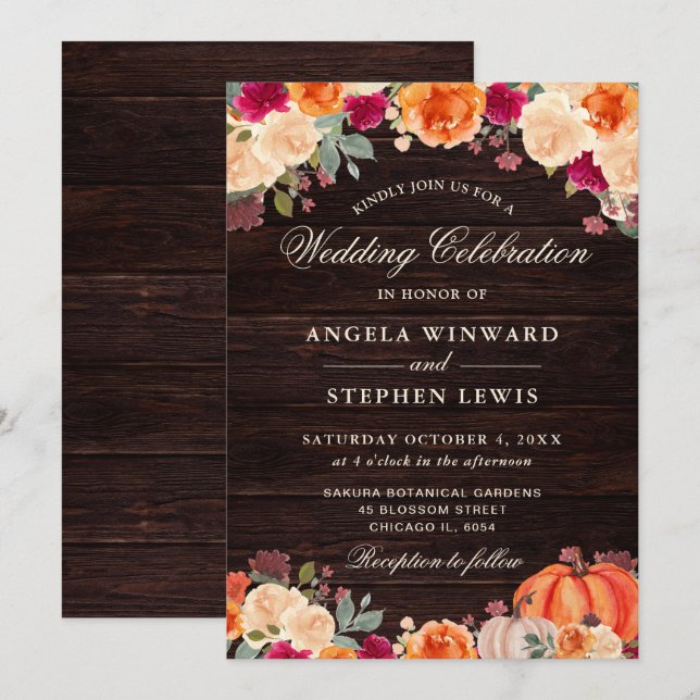 Rustic Fall Orange Pumpkin Floral Wedding Invitation (Front/Back)
