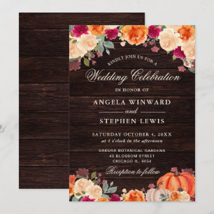 Rustic Fall Orange Pumpkin Floral Wedding Invitation