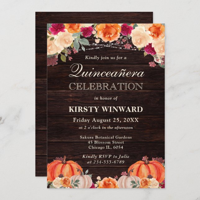 Rustic Fall Orange Pumpkins Floral Quinceanera Invitation (Front/Back)