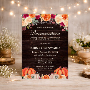 Rustic Fall Orange Pumpkins Floral Quinceanera Invitation