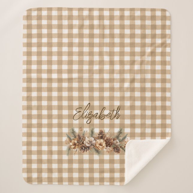 Rustic Fall Pine Cones Brown Gingham Personalised  Sherpa Blanket (Front)