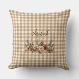 Rustic Fall Pine Cones Brown Gingham Personalized  Cushion