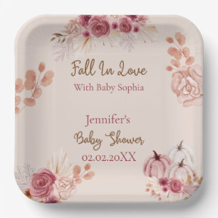Rustic Fall Pink Pumpkin Fall In Love Baby Shower Paper Plate