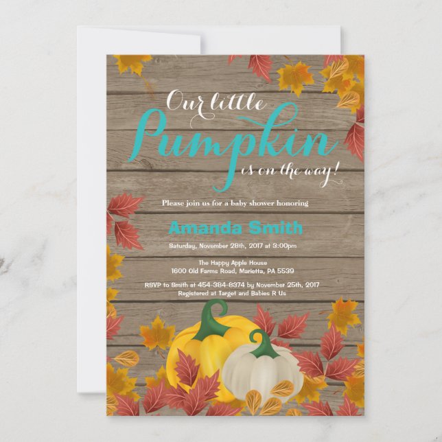 Rustic Fall Pumpkin Aqua Baby Shower invitation (Front)
