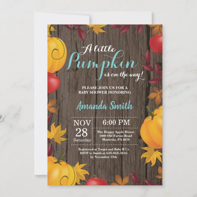 Rustic Fall Pumpkin Aqua Baby Shower invitation (Front)