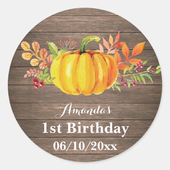 Rustic Fall Pumpkin Birthday Party Thank You Classic Round Sticker (Front)