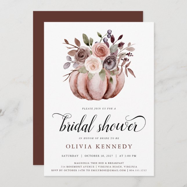 Rustic Fall Pumpkin Bridal Shower Rust Floral  Invitation (Front/Back)