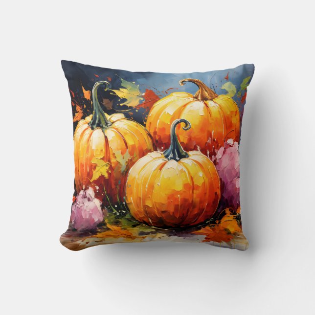 Rustic Fall Pumpkin Colourful Autumn Leaves Cushion (Front)