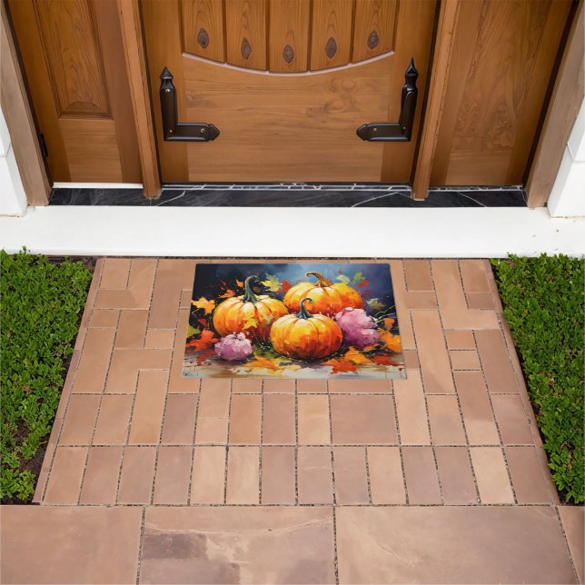 Rustic Fall Pumpkin Colourful Autumn Leaves Doormat (Outdoor)