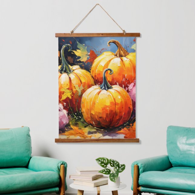Rustic Fall Pumpkin Colourful Autumn Leaves Hanging Tapestry (Living Room)