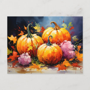 Rustic Fall Pumpkin Colourful Autumn Leaves Holiday Postcard