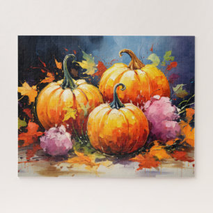 Rustic Fall Pumpkin Colourful Autumn Leaves Jigsaw Puzzle