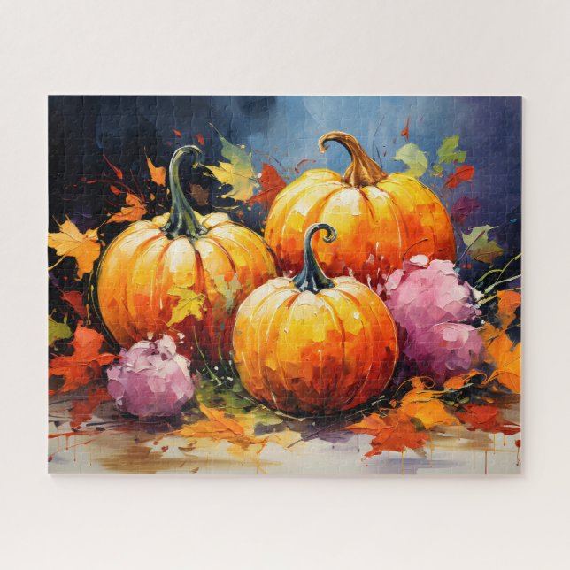 Rustic Fall Pumpkin Colourful Autumn Leaves Jigsaw Puzzle (Horizontal)