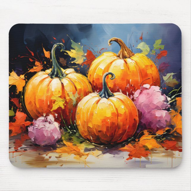 Rustic Fall Pumpkin Colourful Autumn Leaves Mouse Pad (Front)
