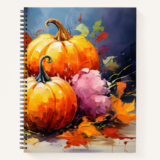 Rustic Fall Pumpkin Colourful Autumn Leaves Notebook (Front)