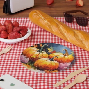 Rustic Fall Pumpkin Colourful Autumn Leaves Paper Plate