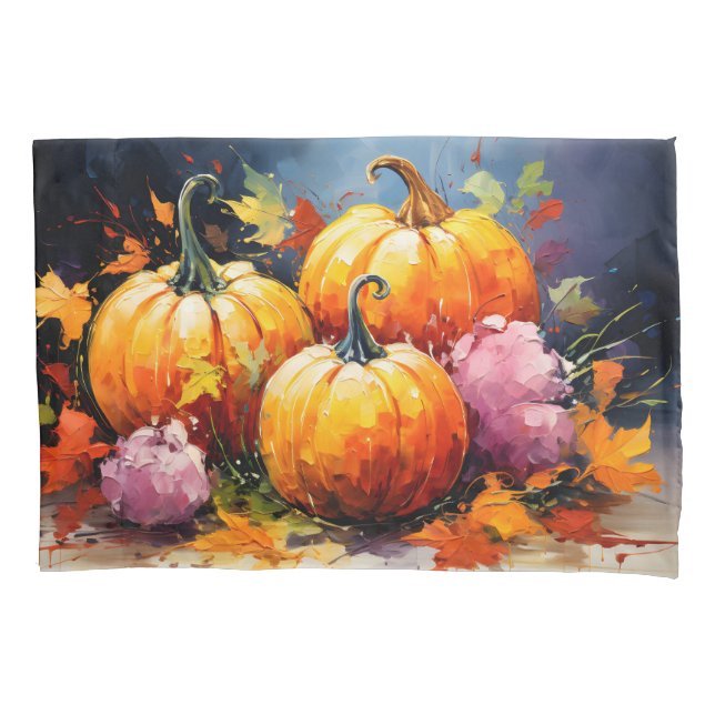 Rustic Fall Pumpkin Colourful Autumn Leaves Pillowcase (Front)