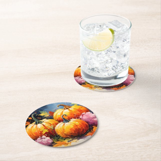 Rustic Fall Pumpkin Colourful Autumn Leaves Round Paper Coaster (Insitu)