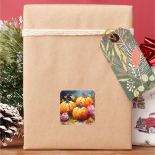 Rustic Fall Pumpkin Colourful Autumn Leaves Square Sticker