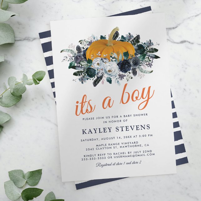 Rustic Fall Pumpkin Floral Boy Baby Shower Invitation (Creator Uploaded)
