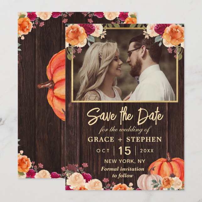 Rustic Fall Pumpkin floral wedding save the date (Front/Back)