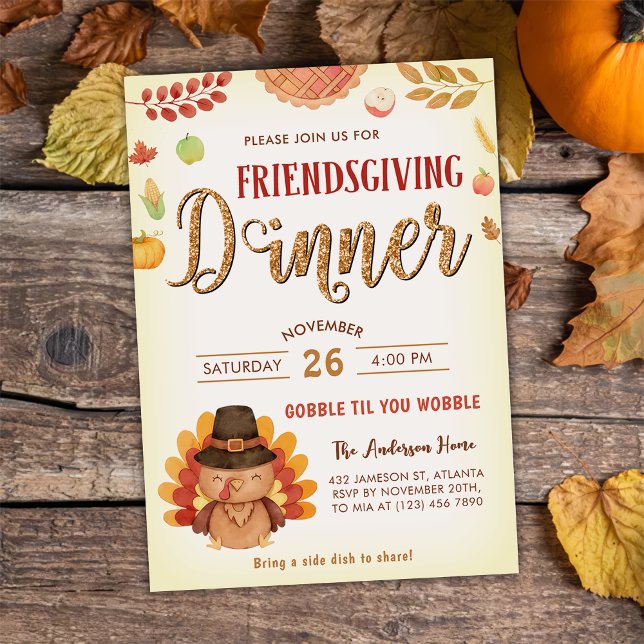 Rustic Fall Pumpkin Gobble Friendsgiving Dinner Invitation (Creator Uploaded)