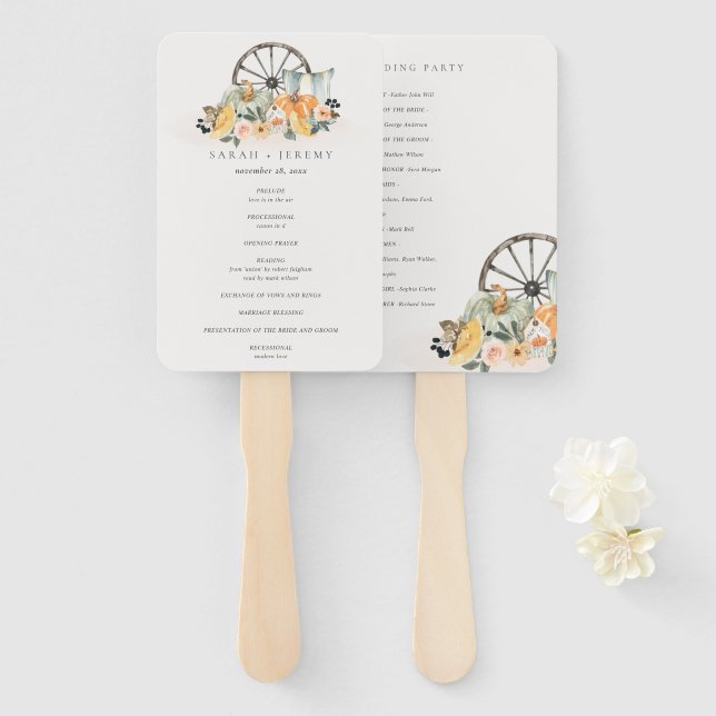 Rustic Fall Pumpkin Leafy Floral  Wedding Program Hand Fan (Front and Back)