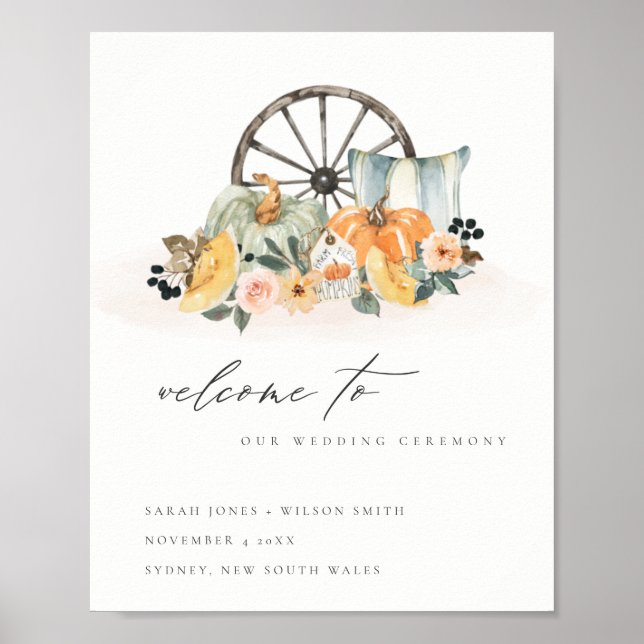 Rustic Fall Pumpkin Leafy Floral Wedding Welcome Poster (Front)