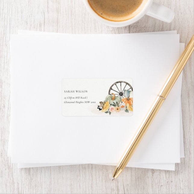 Rustic Fall Pumpkin Leafy Floral Wheel Address Label (Insitu)