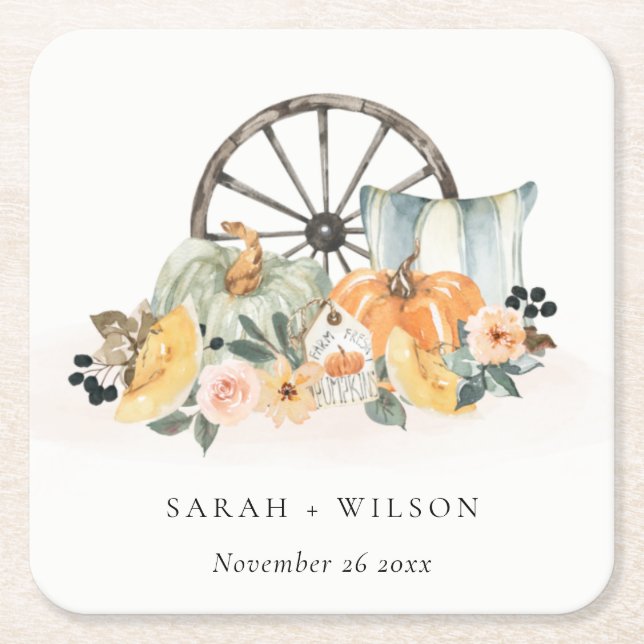 Rustic Fall Pumpkin Leafy Floral Wheel Wedding Square Paper Coaster (Front)