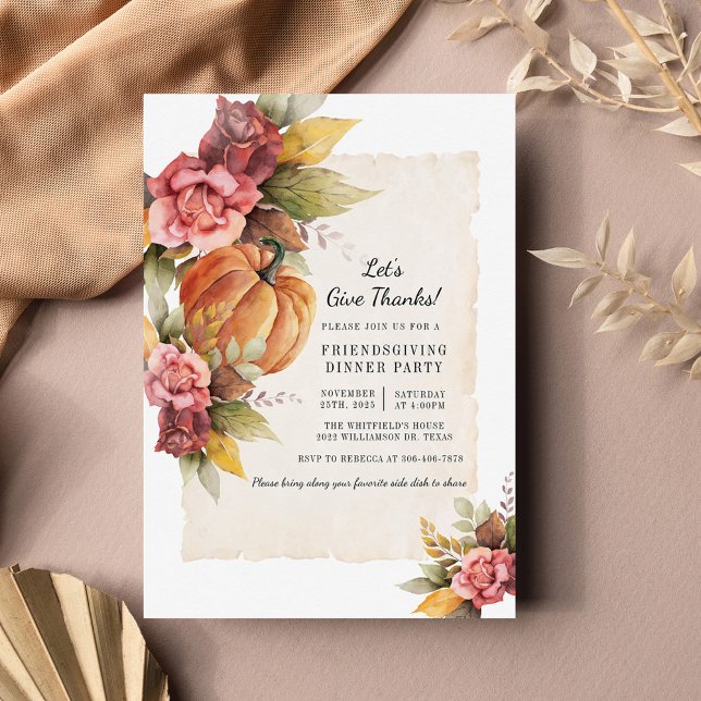 Rustic Fall Pumpkin Lets Give Thanks Friendsgiving Card (Fall Orange Pumpkin Thanksgiving Invitation)