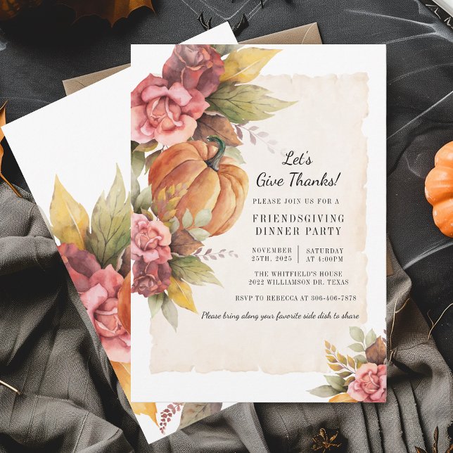 Rustic Fall Pumpkin Lets Give Thanks Friendsgiving Invitation (Fall Pumpkin Thanksgiving Floral Friendsgiving Dinner Party Invitation)