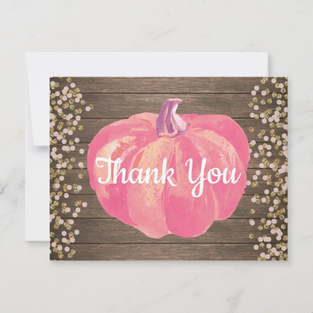 Rustic Fall Pumpkin Pink Gold Glitter Thank You Card (Front)