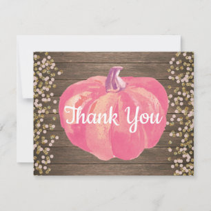 Rustic Fall Pumpkin Pink Gold Glitter Thank You Card