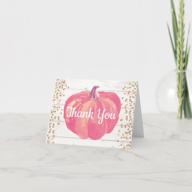 Rustic Fall Pumpkin Pink Gold Glitter Thank You Card (Front)