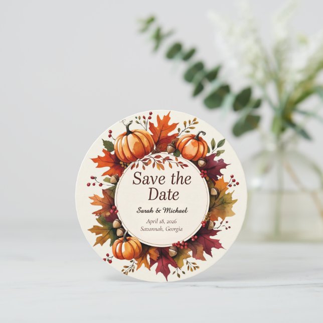 Rustic Fall Pumpkin Round Save the Date Card (Standing Front)