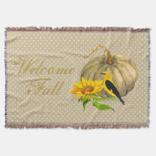 Rustic Fall Pumpkin Sunflower and Finch  Throw Blanket