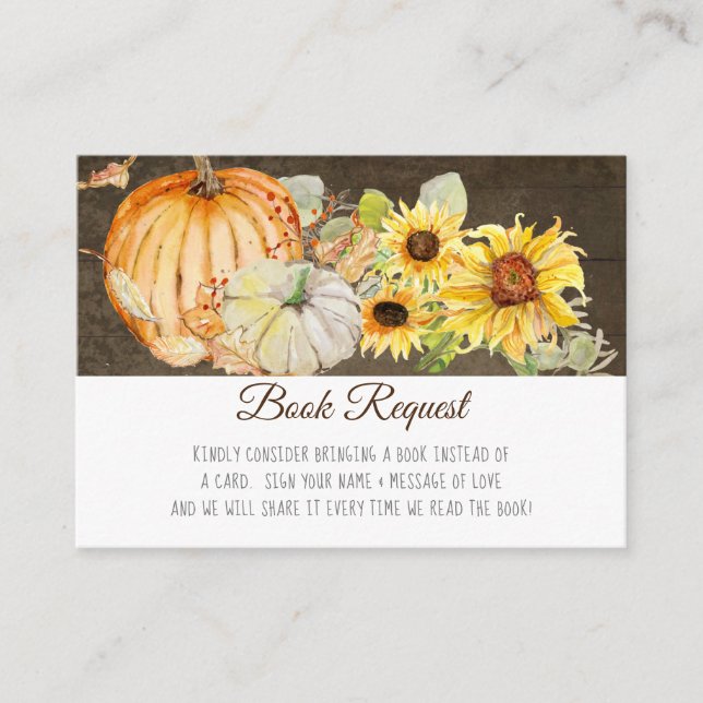 Rustic Fall Pumpkin Sunflower Wood Book Request Enclosure Card (Front)