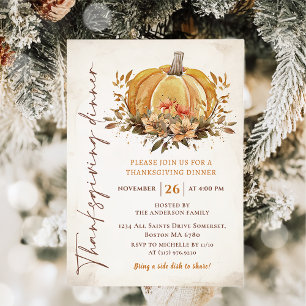 Rustic Fall Pumpkin Thanksgiving Dinner Watercolor Invitation