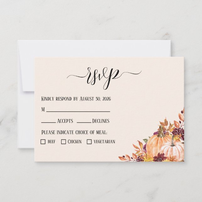 Rustic Fall Pumpkin Wedding with Meal Options RSVP Card (Front)