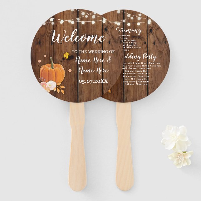 Rustic Fall Pumpkin Wood Wedding Program Fan (Front and Back)