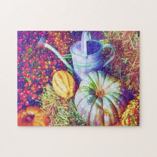Rustic Fall Pumpkins And Flowers Jigsaw Puzzle