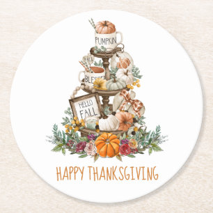 Rustic Fall Pumpkins Happy Thanksgiving Round Paper Coaster