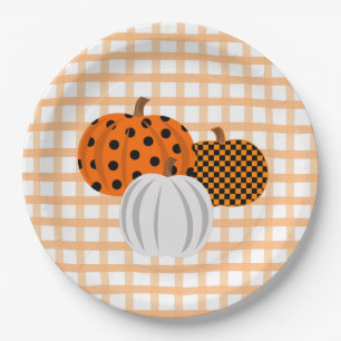 Rustic Fall Pumpkins Orange Plaid Thanksgiving Paper Plate