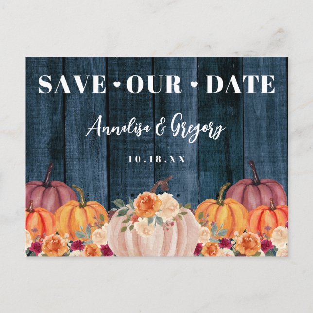 Rustic Fall Pumpkins Save Our Date Announcement Postcard (Front)
