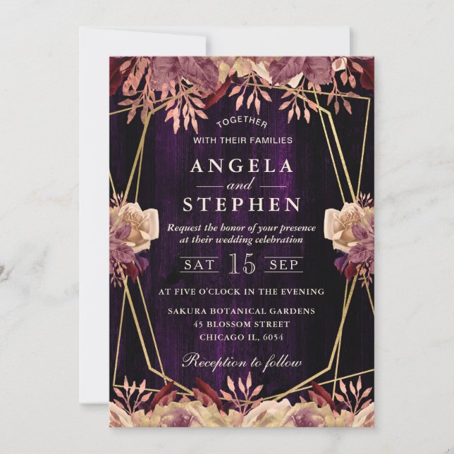 Rustic Fall Purple Flowers Gold Frame Wedding Invitation (Front)