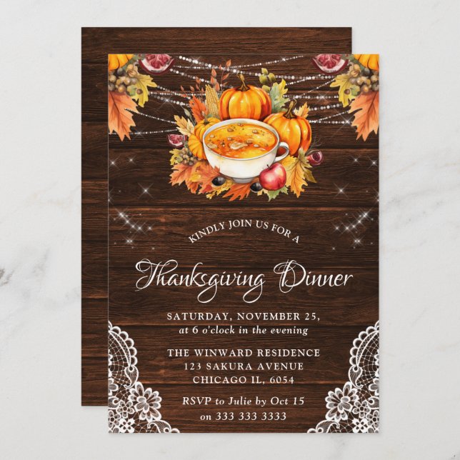 Rustic Fall Roasted Turkey Wood Thanksgiving Invitation (Front/Back)