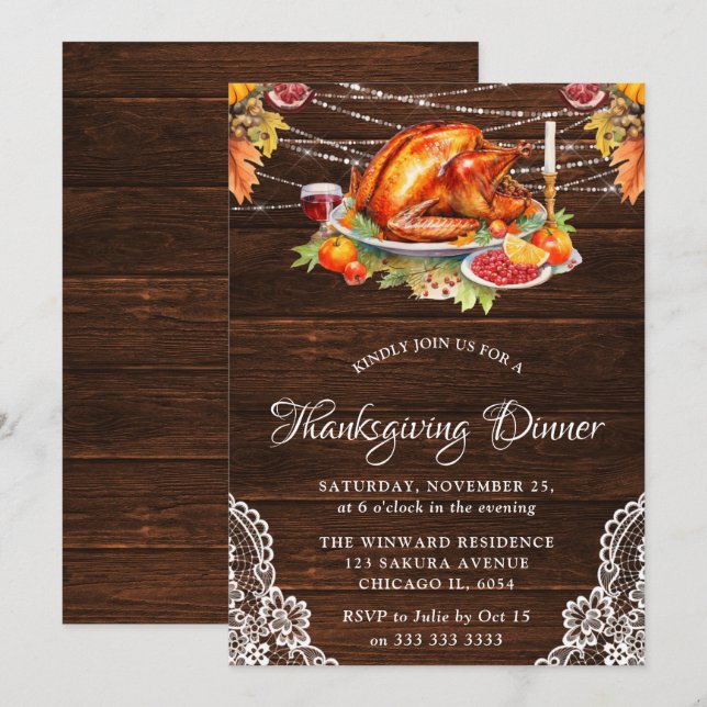 Rustic Fall Roasted Turkey Wood Thanksgiving Invitation (Front/Back)